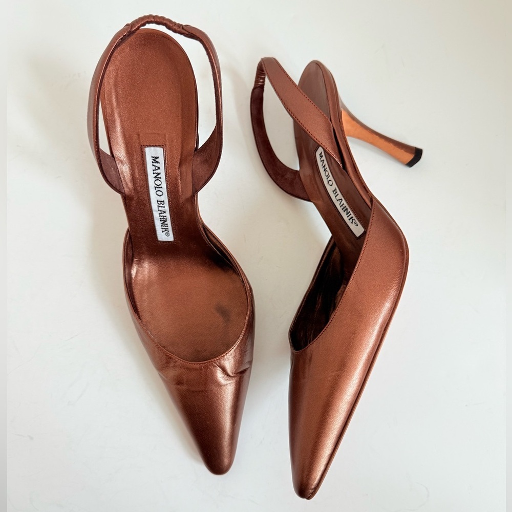 Manolo Blahnik Retro Metallic Bronze Brown Carolyne 70mm slingback pumps EU 37.5